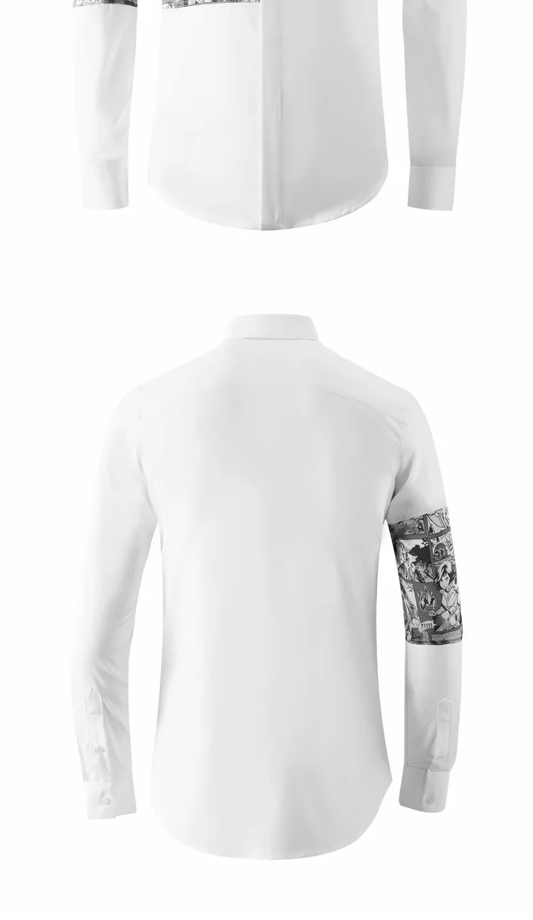 2024 Cartoon Printed Splicing Shirt for Men Long Sleeve Slim Casual Shirts Fashion Lapel Slim Fit Social Streetwear Men Clothing