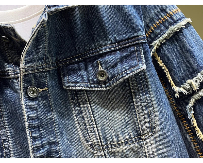 Streetwear Fashion Men Jacket High Quality Retro Blue Patched Designer Ripped Denim Jacket Men Coats Hip Hop Chaquetas Hombre