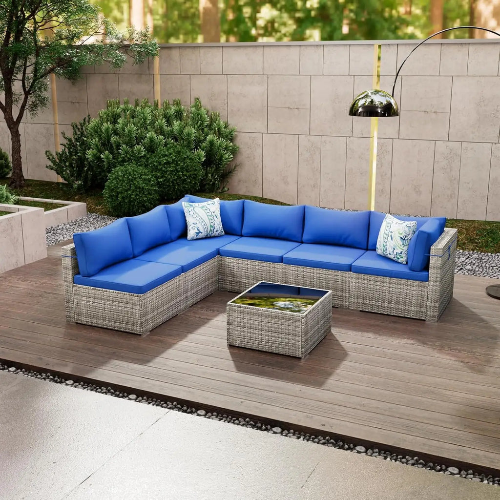 7 Piece Patio Furniture Set, Outdoor Wicker Patio Sofa Set, PE Rattan Sectional Couch with Glass Table and Blue, Customized