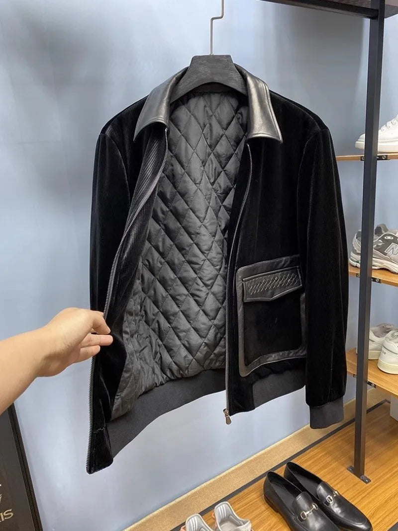 Design Business Mens Velvet Jacket Zipper Spliced Genuine Leather Casual Outerwear Loose Fit Long Sleeve Spring Autumn Men Coats