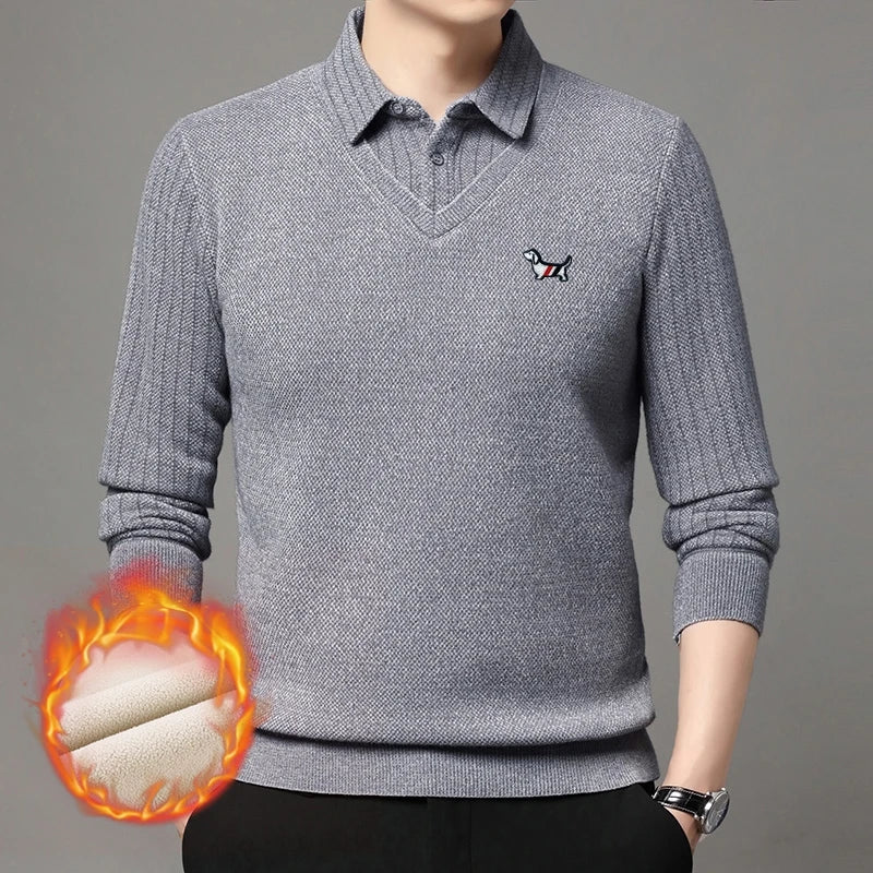 Hot Sales Cartoon Dog Embroid Men's Sweater Lapel Thicken Knit Pullover Winter Design Quality Fake Two Pieces Warm Men's Wear