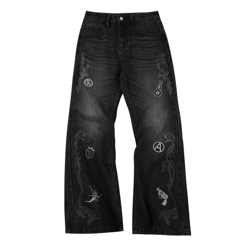 JoJo's Bizarre Adventure Black Flared Jeans Men Embroidery Streetwear Loose Casual Washed Denim Pants Anime Inspired Trousers