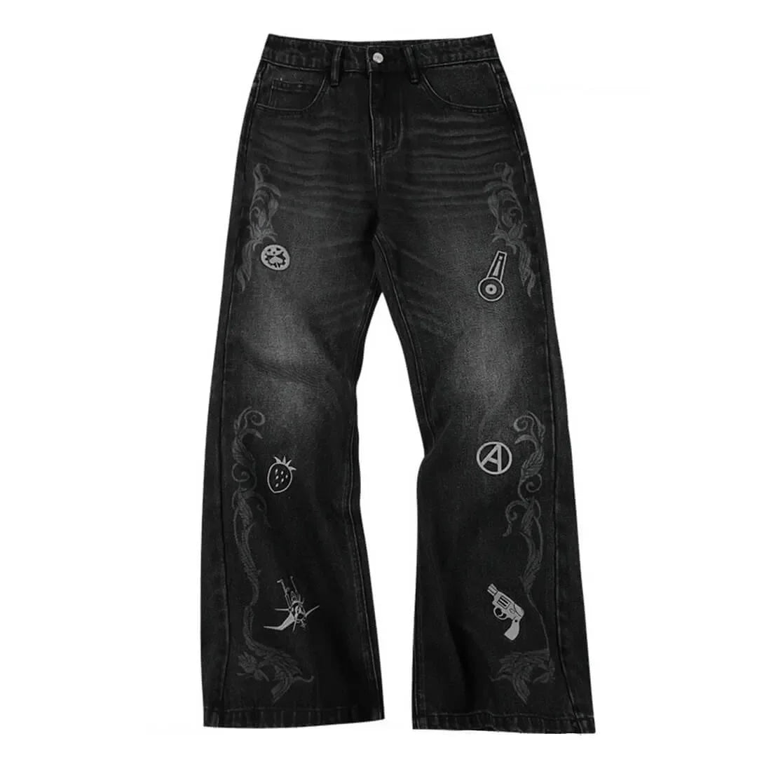 JoJo's Bizarre Adventure Black Flared Jeans Men Embroidery Streetwear Loose Casual Washed Denim Pants Anime Inspired Trousers