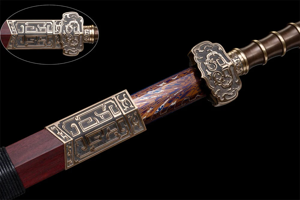 Very Good Chinese Jian Han-Jian Sword Handmade Feather Pattern Damascus Steel Blade Full Tang Ebony Sheath Copper Brass Fittings