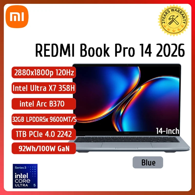 2026 New Xiaomi REDMI Book Pro 14 Laptop Ultra5-338H/Ultra7-358H 32GB+1TB 14inch 2.8K 120Hz Screen Blue Notebook Xiaomi