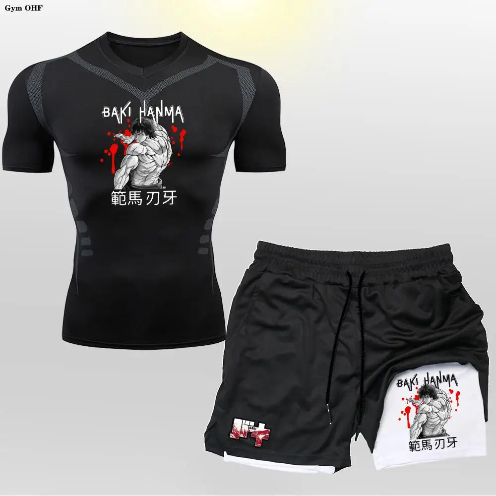 Anime Baki Sport Suits Runing Compression Shirt Shorts Sets Gym Fitness Jogging Training Rashguard Sportwear 2 in 1 Mens