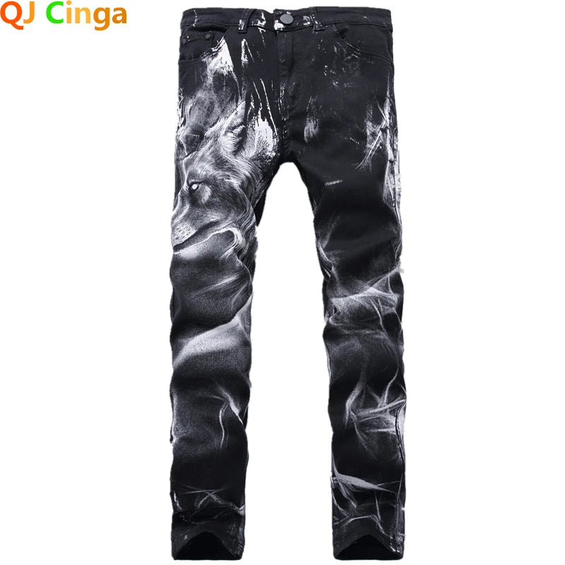 2026 Men's Blue 3D Printing Jeans, Black Wolf Pattern Printed Punk Straight Cotton Casual Print Denim Pants Asian Size 28-42
