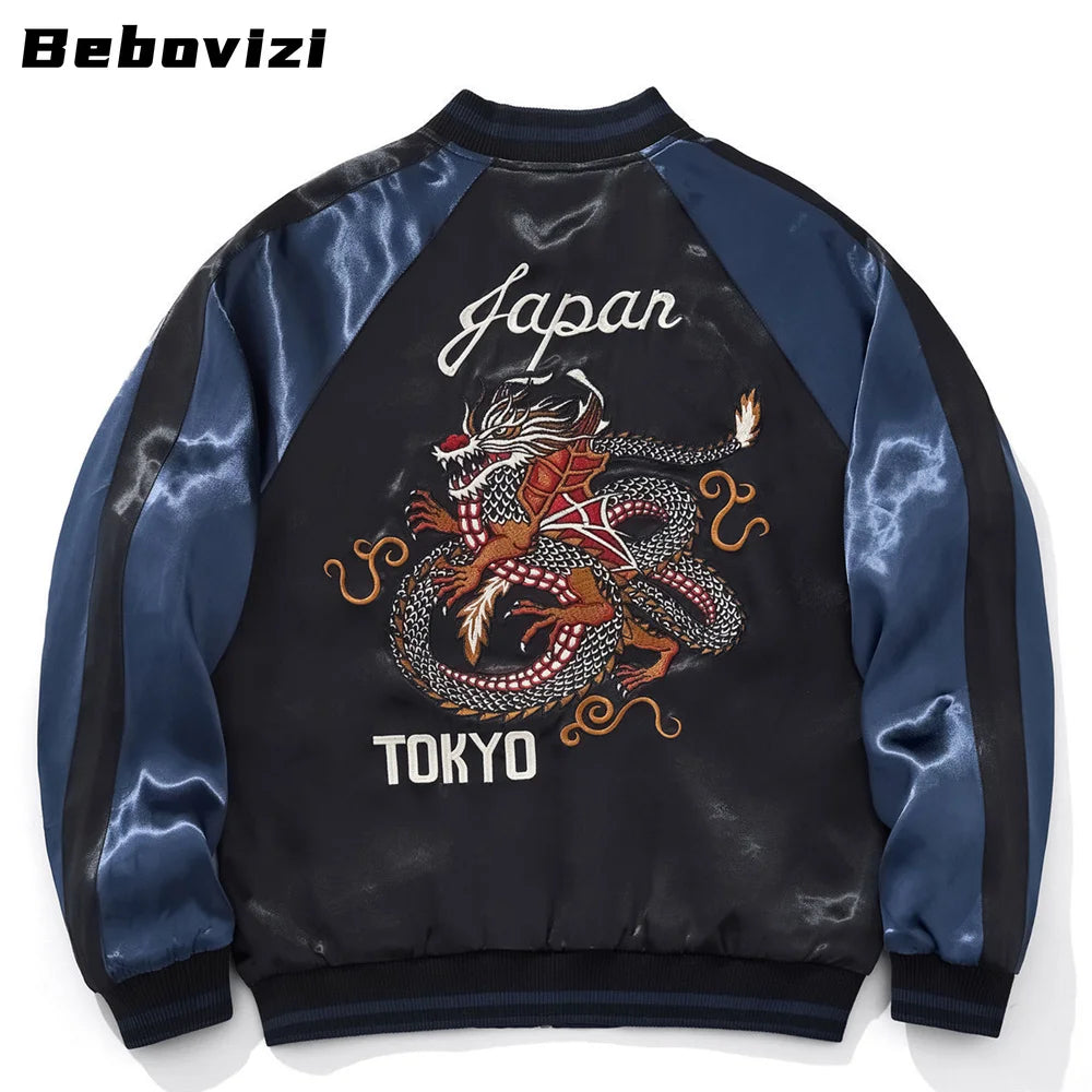 Tokyo Dragon Embroidered Zipper Blue Jacket Streetwear Hip Hop Men's Harajuku Japanese Baseball Coat Clothing