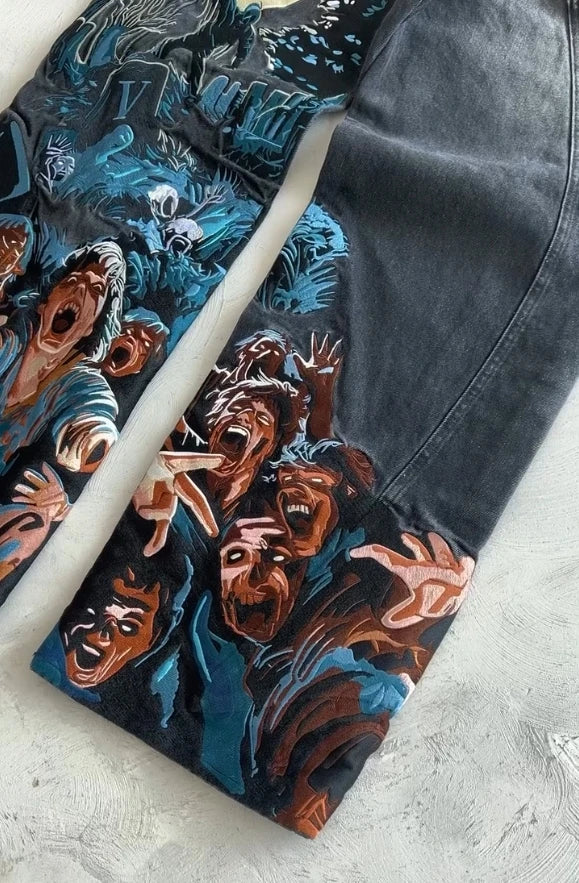 Thriller Zombie Full Embroidery Hip Hop Punk Jeans Men Women High Waist Straight Wide Leg Denim Pants Y2k Retro Baggy Jeans
