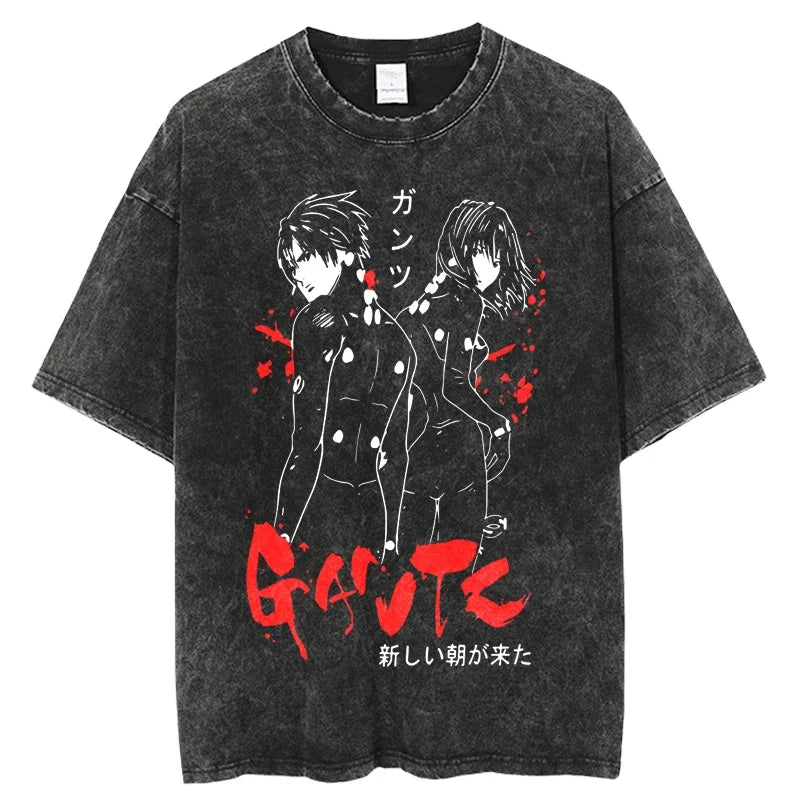 Punk GANTZ Anime T Shirt Men Vintage Washed 100% Cotton T Shirts for Men 2024 Punk Hip Hop Streetwear Harajuku Male T-shirt
