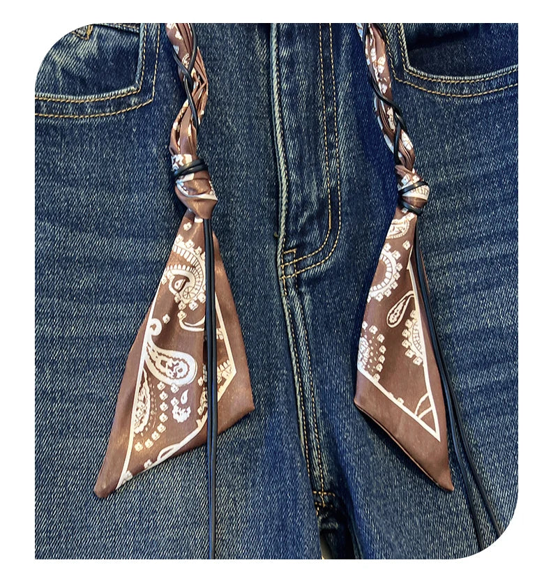 2025 Autumn New Denim Blue Wide Leg Women's Jeans Super Popular Pants with Silk Scarf Belt Fashion Straight Trousers
