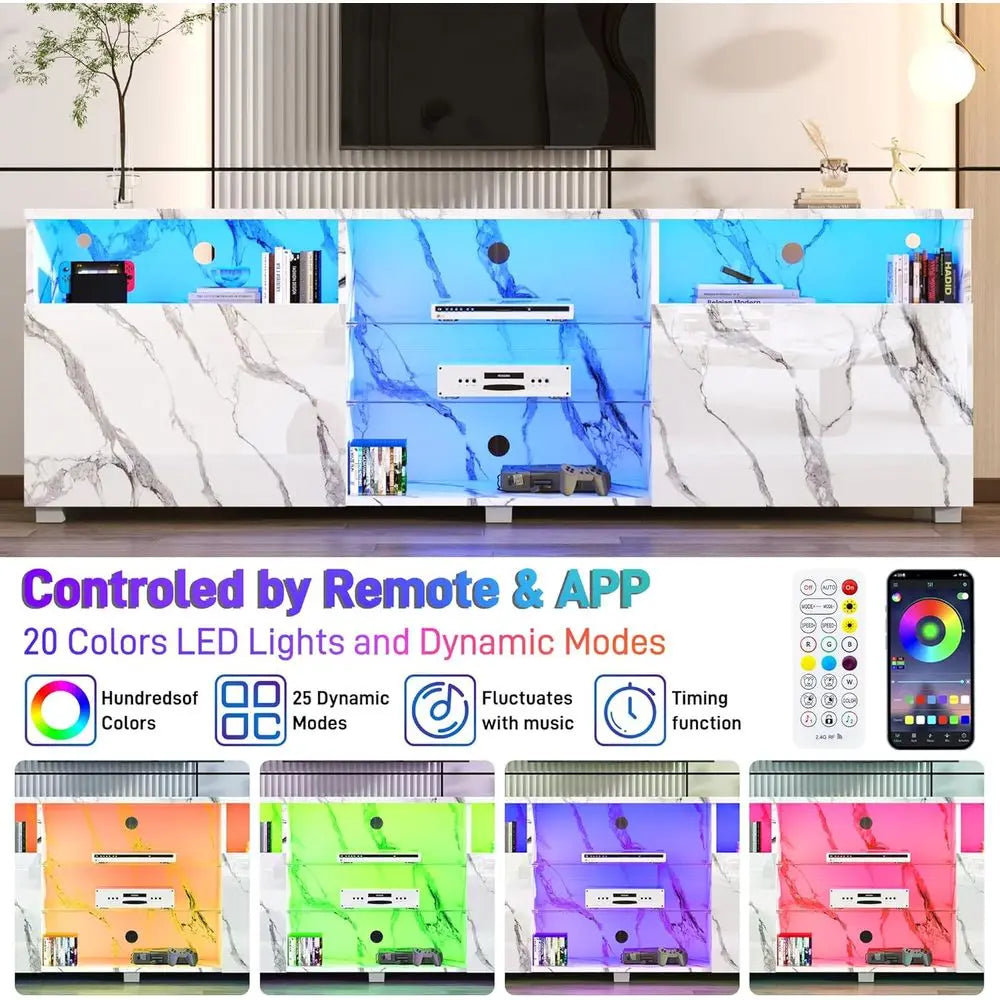 Modern 75/80 Inch LED TV Stand with Center Media Console, LED Lights, High Gloss Entertainment Center for Living Room or Bedroom