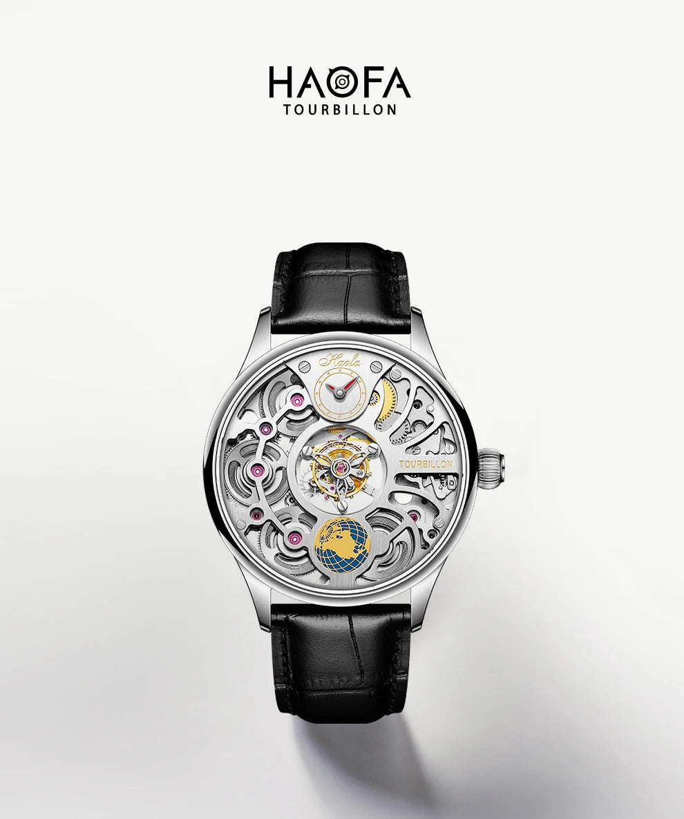 Haofa 1037 Center Tourbillon Mechanical Man Watch Skeleton Earth Dial Flying Tourbillon Movement Men Watches Vintage Fashion