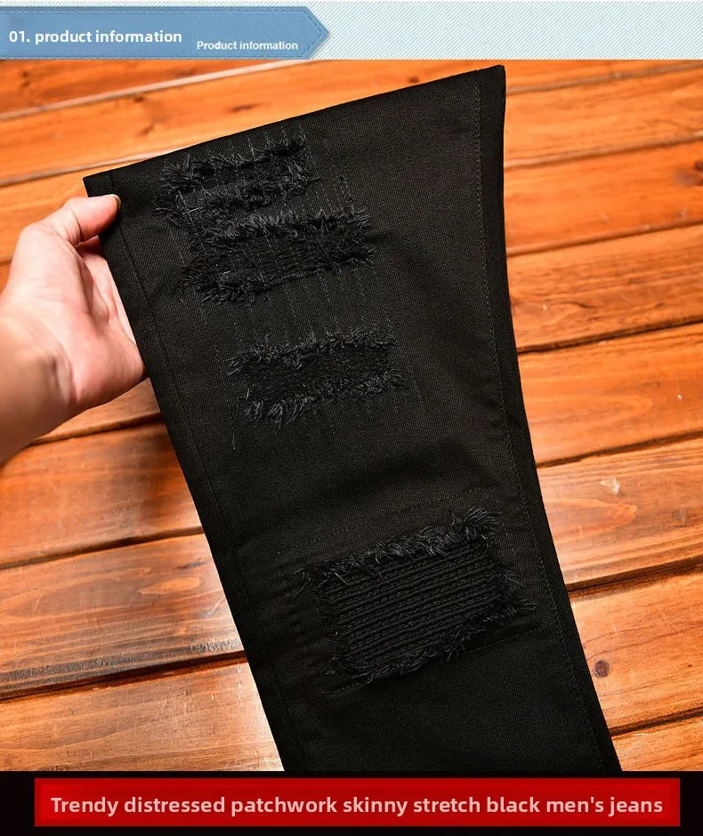 High end high street ripped patch design black jeans for men in autumn, slim fit American style trendy pants with small feet