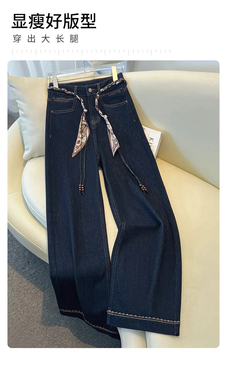 2025 Autumn New Denim Blue Wide Leg Women's Jeans Super Popular Pants with Silk Scarf Belt Fashion Straight Trousers