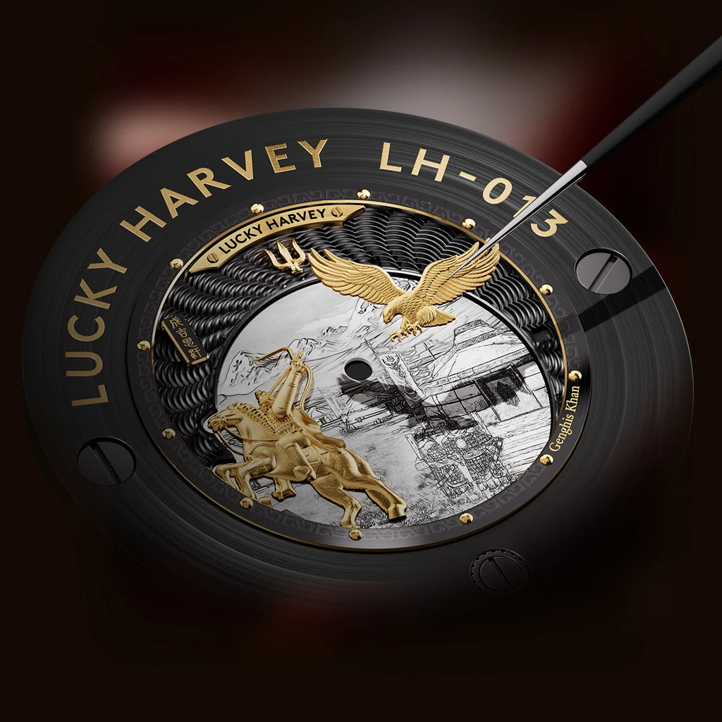Lucky Harvey 3D Hero Genghis Khan Chiming Watches Guilloché Relief Dial Motion Movement Limited Automatic Mechanical Wristwatch
