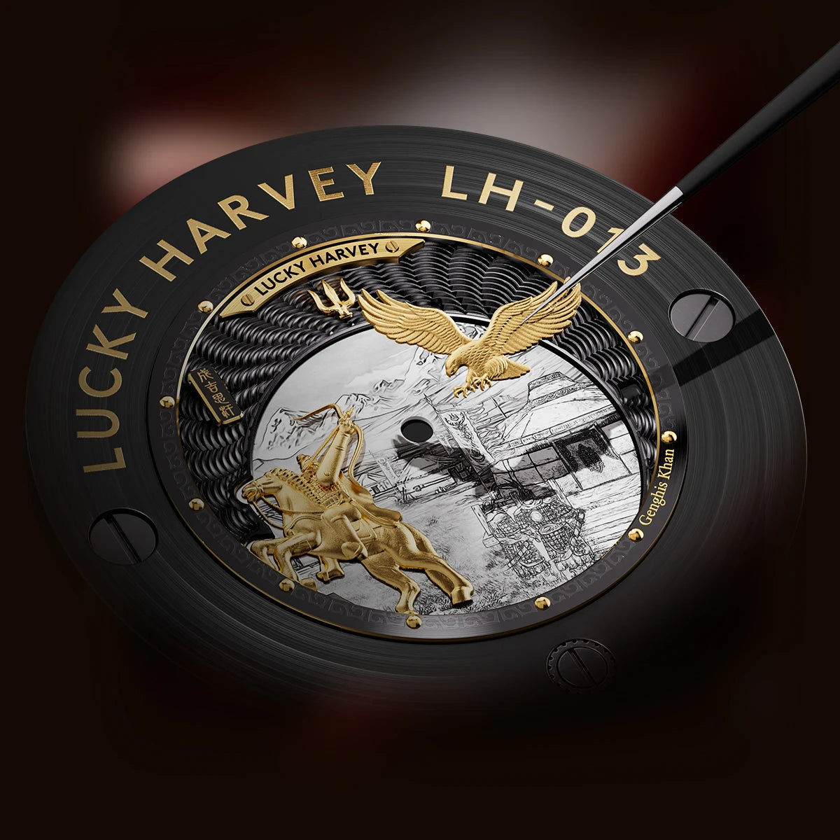 Lucky Harvey 3D Hero Genghis Khan Chiming Watches Guilloché Relief Dial Motion Movement Limited Automatic Mechanical Wristwatch
