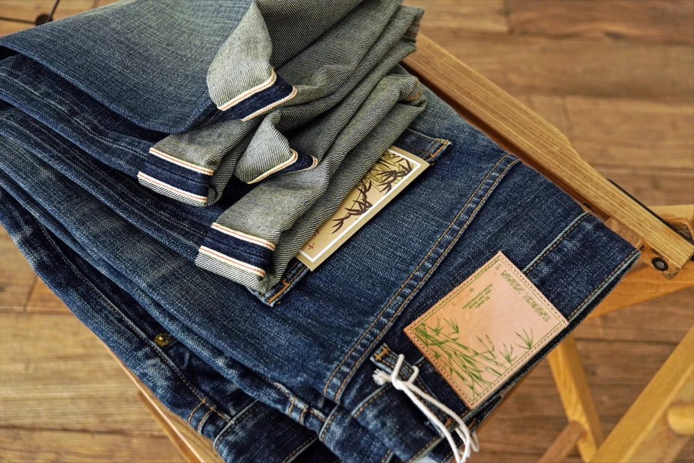 Sauce zhan Bamboo shaped yarn Mens Jeans Selvedge Denim Jeans Distressed Wash jeans for men Straight Fit 14 Oz