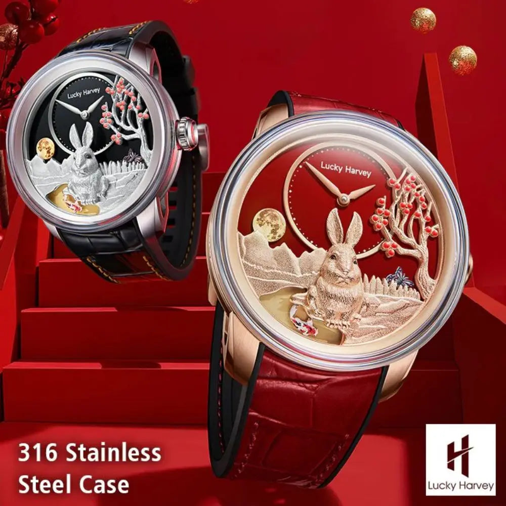 Lucky Harvey Limited Edition Automatic Mechanical Watches for Men Cute 3D Rabbit Dial Synthetic Sapphire Waterproof Wrist Watch