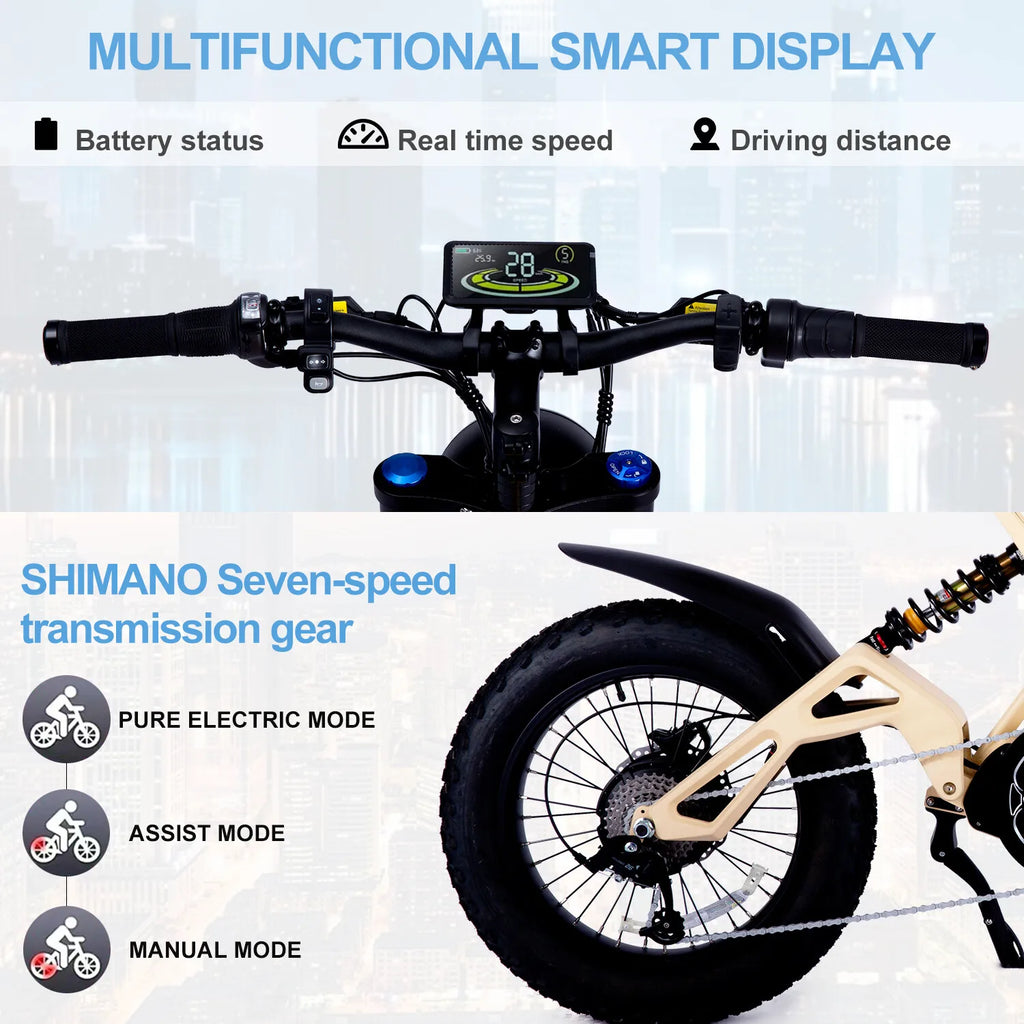 New 20" ELECTRIC BIKE 1000W 52V 20AH UP TO 32KM/H E-BIKE & Torque sensor  USA