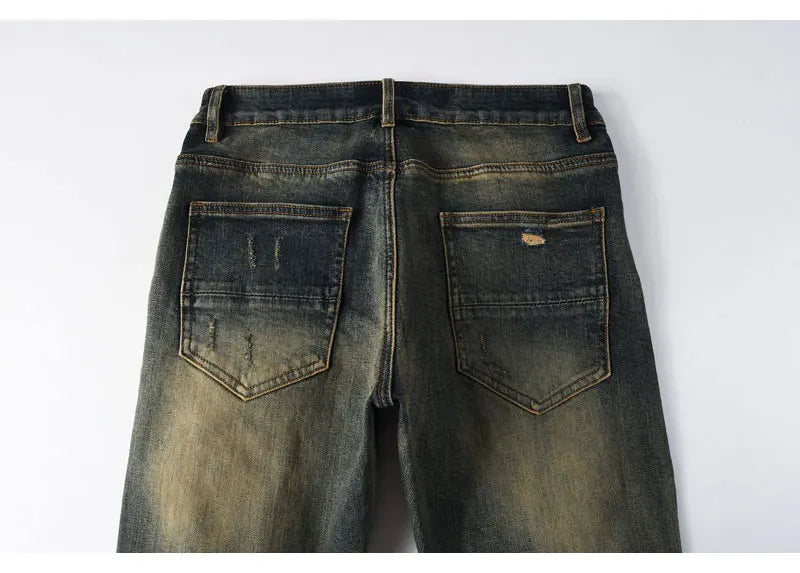 Y2k new men's jeans washed nostalgic perforated black leather patch deep blue jeans high street designer hip-hop brand high-qual