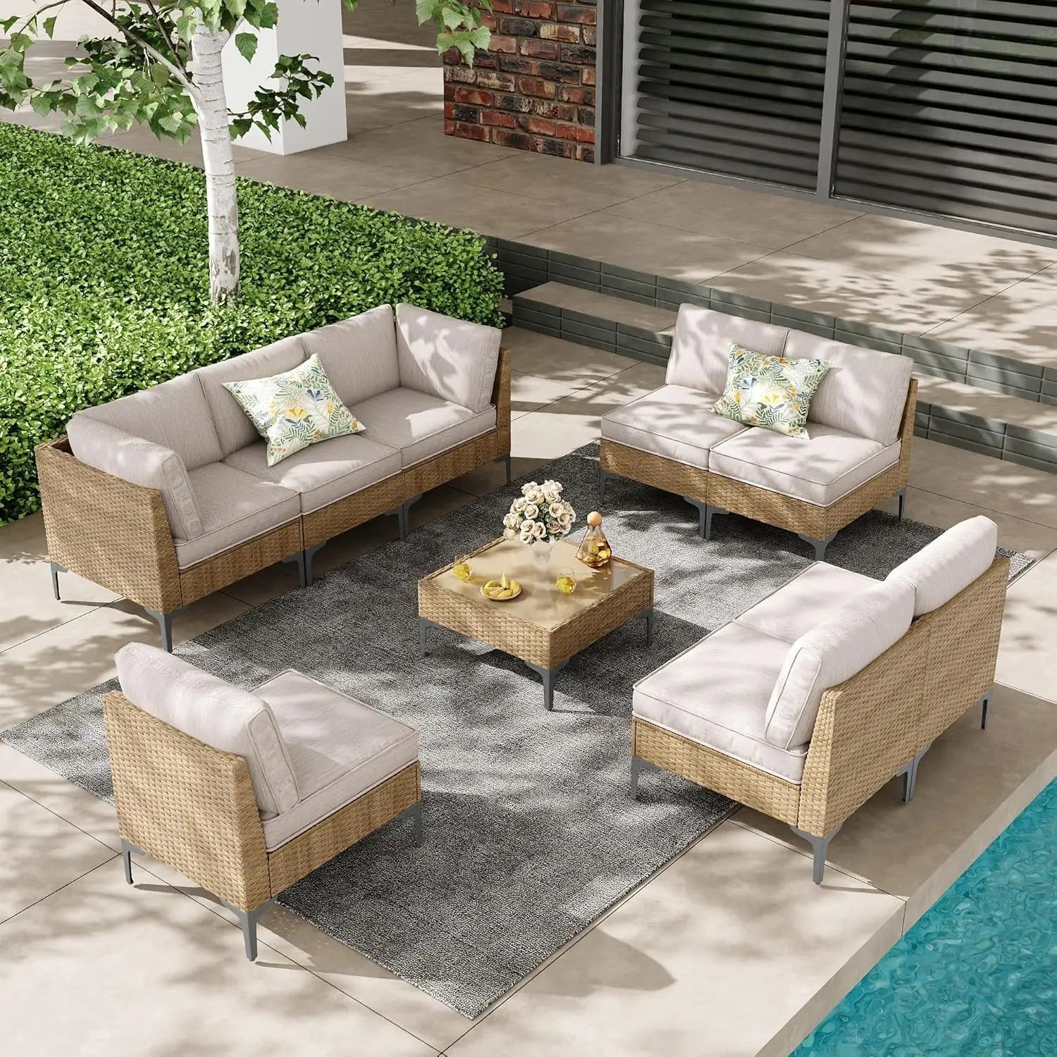 9-Piece Outdoor Patio Furniture Set, All-Weather Wicker Sectional Sofa with Coffee Table & Thick Anti-Slip Cushions, Customized