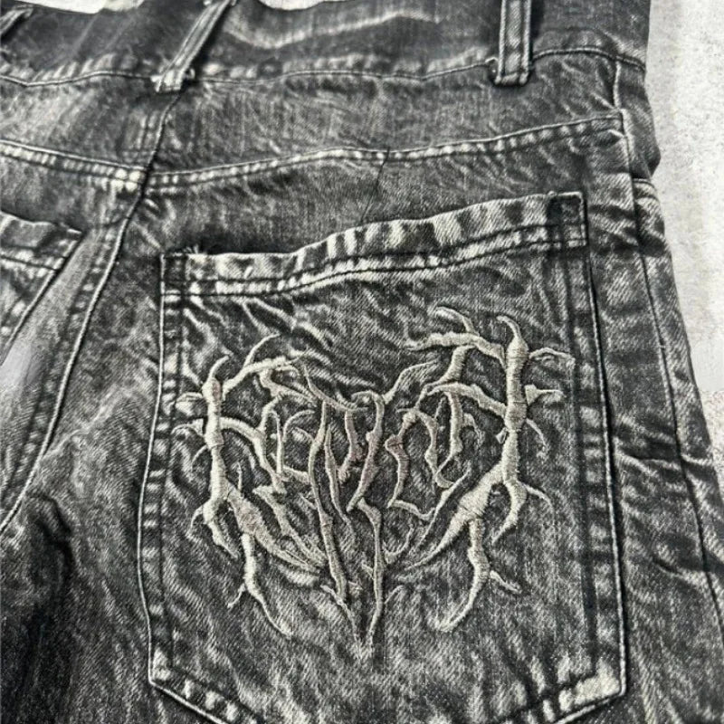 Goth Retro Men Baggy Unisex Short Pants Y2K Phantom Jeans High Street Spider Embroidered Patch Hip Hop Streetwear Straight Jeans