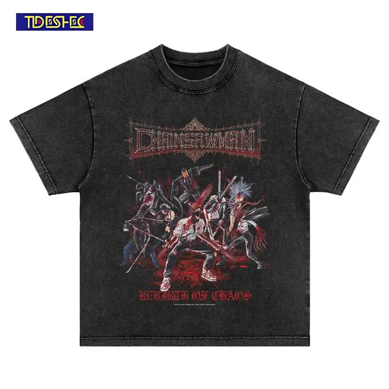 2025 Japan Hip Hop Harajuku Punk Comic Summer Anime Print T-Shirt Streetwear Vintage Washed Fashion Oversized Cotton Tshirt Tops