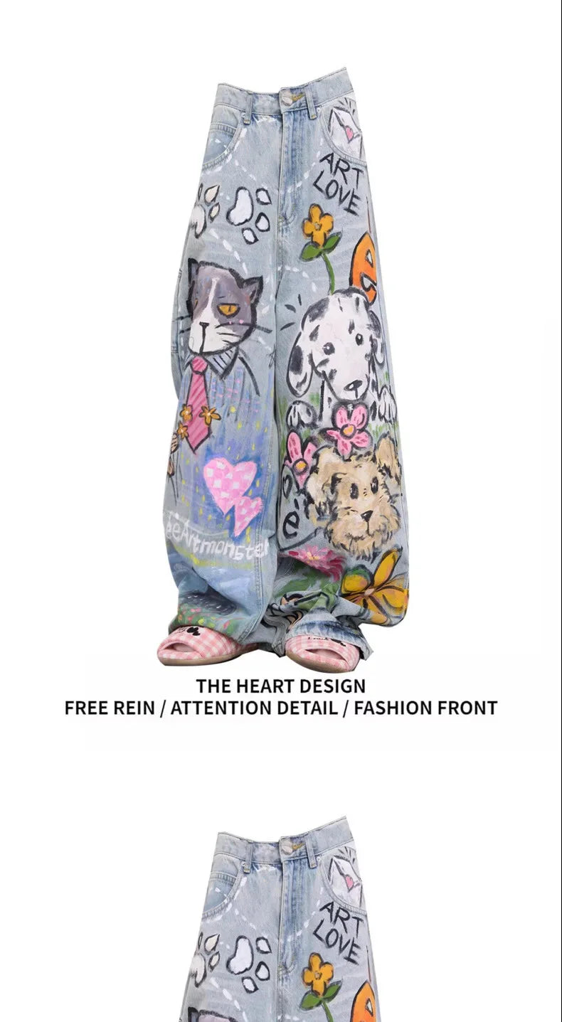 Blue Cartoon Doodle Printed Jeans American Vintage Casual Straight Loose High Street Wide Leg Baggy Y2k Streetwear Denim Pants