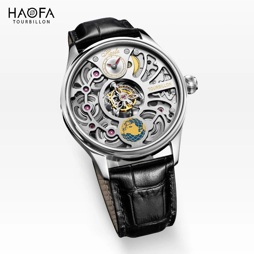 Haofa 1037 Center Tourbillon Mechanical Man Watch Skeleton Earth Dial Flying Tourbillon Movement Men Watches Vintage Fashion