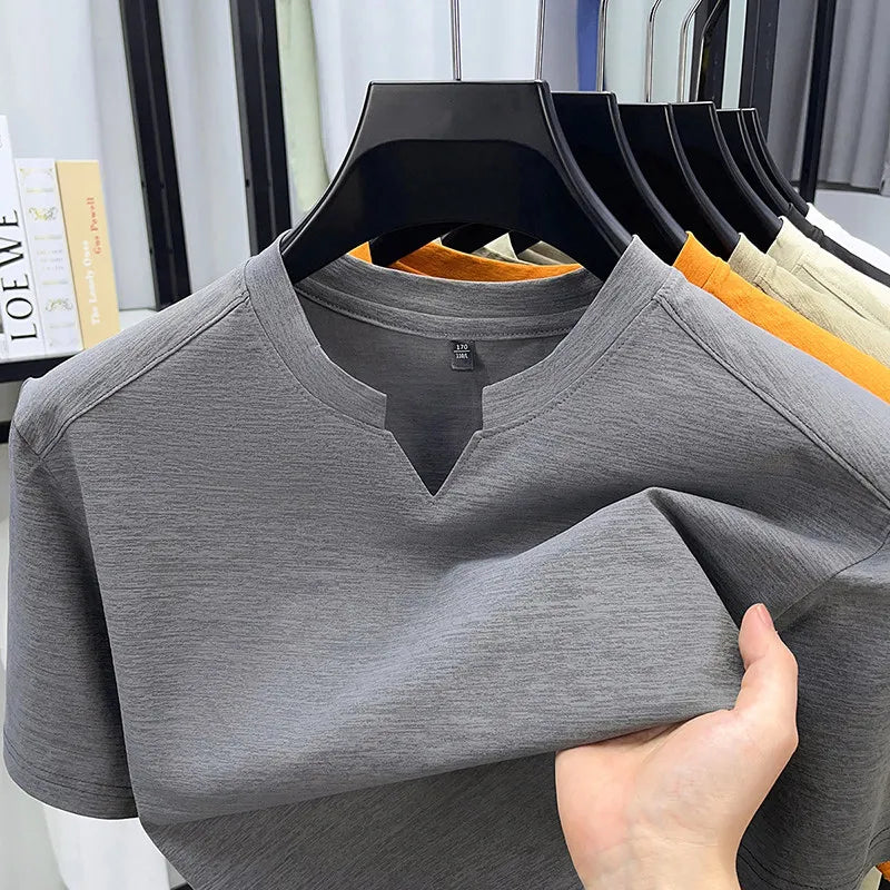 Korean Men's Short Sleeve V-Neck T-Shirt Solid Color Casual Fashion Comfortable Summer Versatile Solid Top