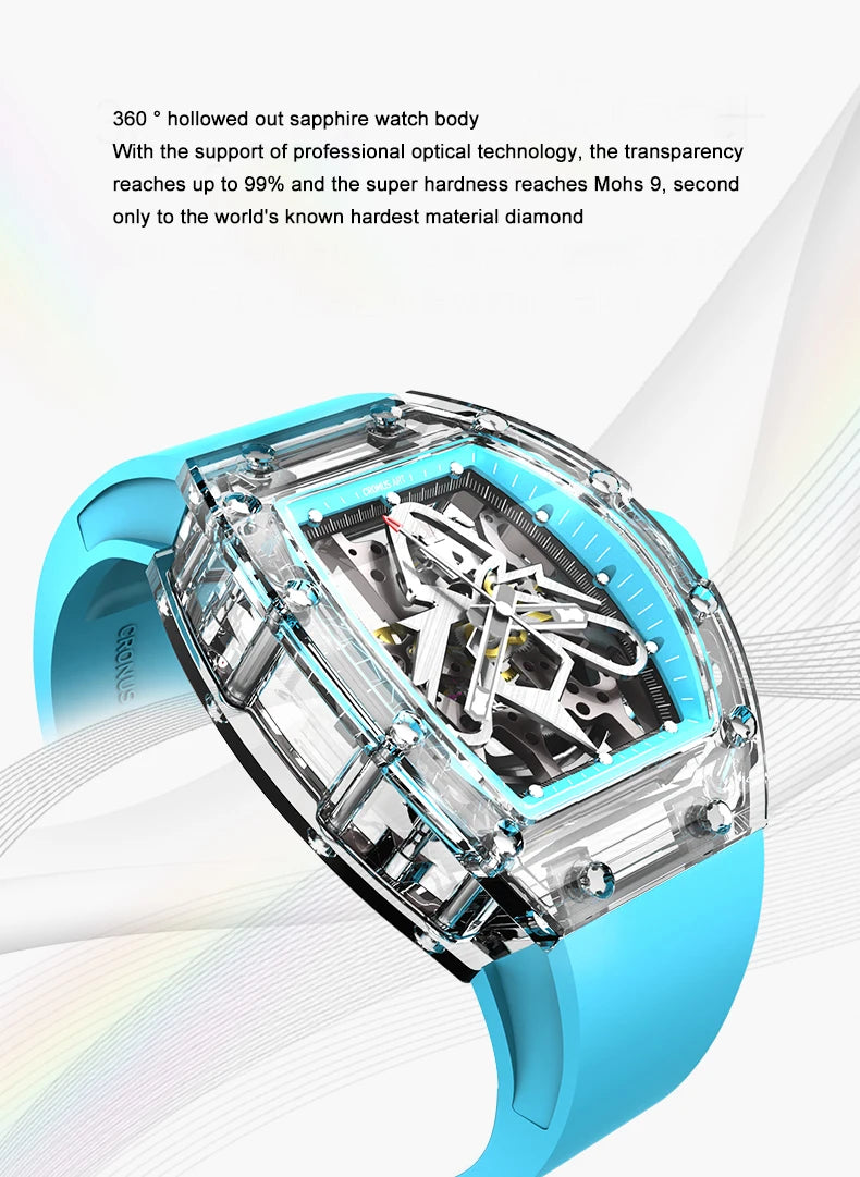CRONUSART Men Automatic Watch 50mm Tonneau Mechanical Wristwatch Sapphire Case & Mirror Luminous Fluororubber Strap Skeleton