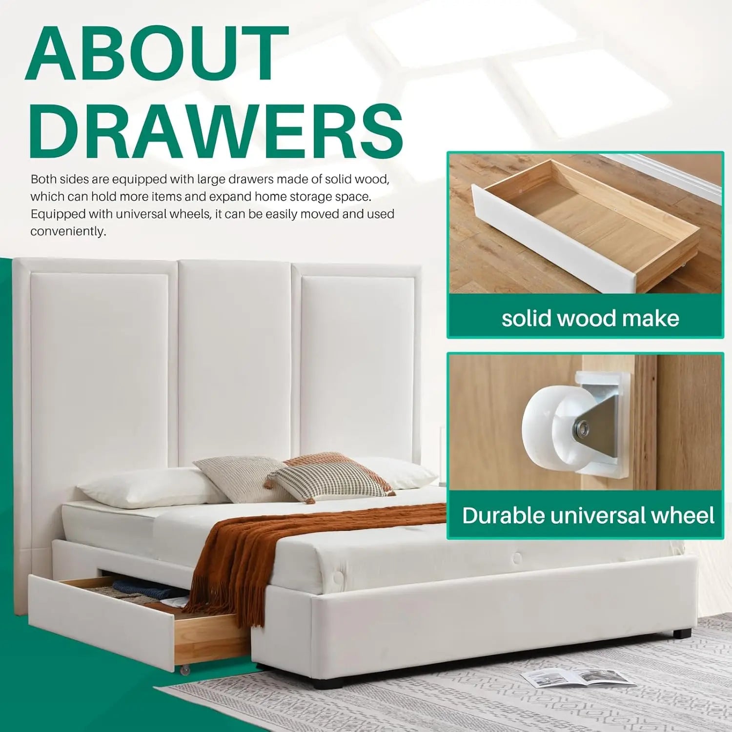 King Size Bed Frame Linen Upholstered Platform with 64-inch High Headboard And Storage Simple Airey Design Customized