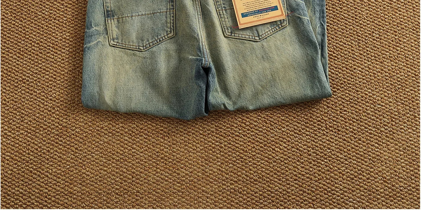 2025 Autumn New American Retro Heavyweight Ripped Denim Men's Fashion 100% Cotton Washed Old Straight Tapered Casual Jeans
