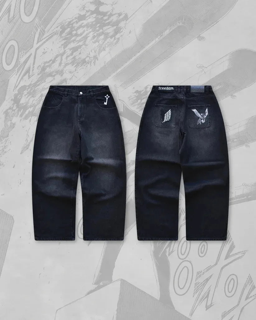 Y2K Japanese AOT Freedom Wings Embroidery Jeans Men Women Wide Leg High Waist Denim Pants Wings of Liberty Patch Blue Black Jean