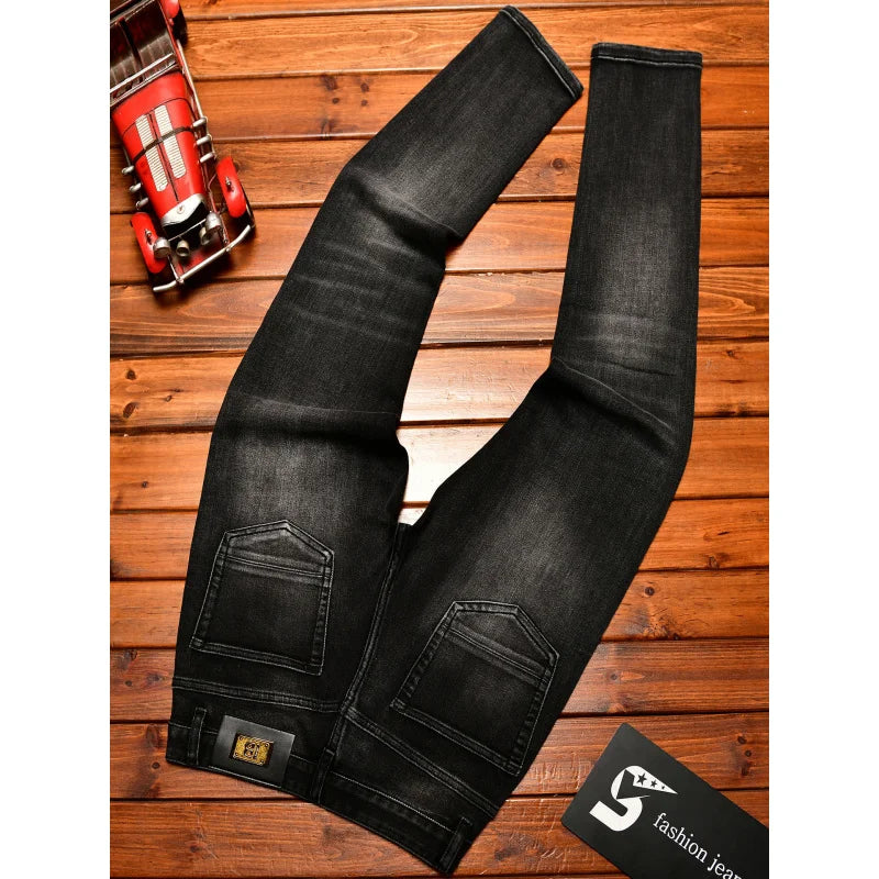 Metal Decor Design Black Jeans Men Trendy Ripped Fashion Retro Nostalgic Street Slim Fit Skinny Pants