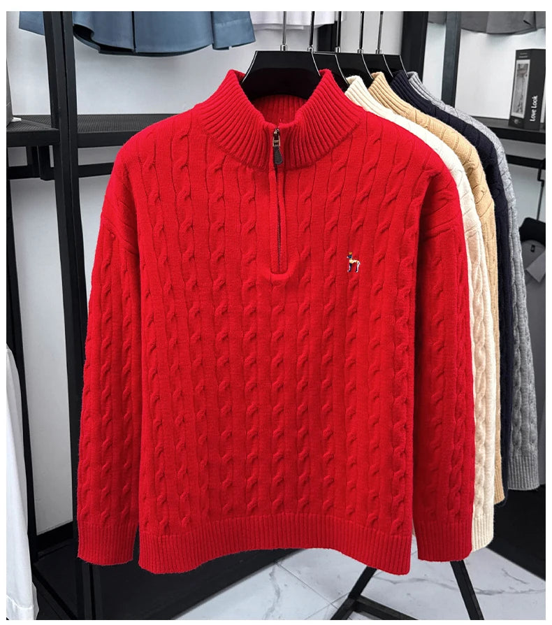 High end brand fashion jacquard sweater cartoon dog embroidery zipper semi high neck autumn winter warm men's knitted pullover