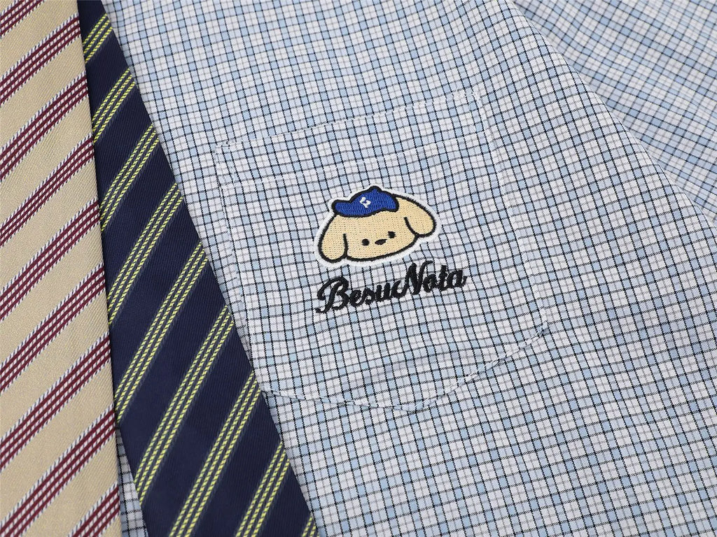 Retro Japanese Cartoon Dog Embroidery Plaid Double Collar Design Short Sleeve Cotton Shirt for Men And Women Couple Style Cas...