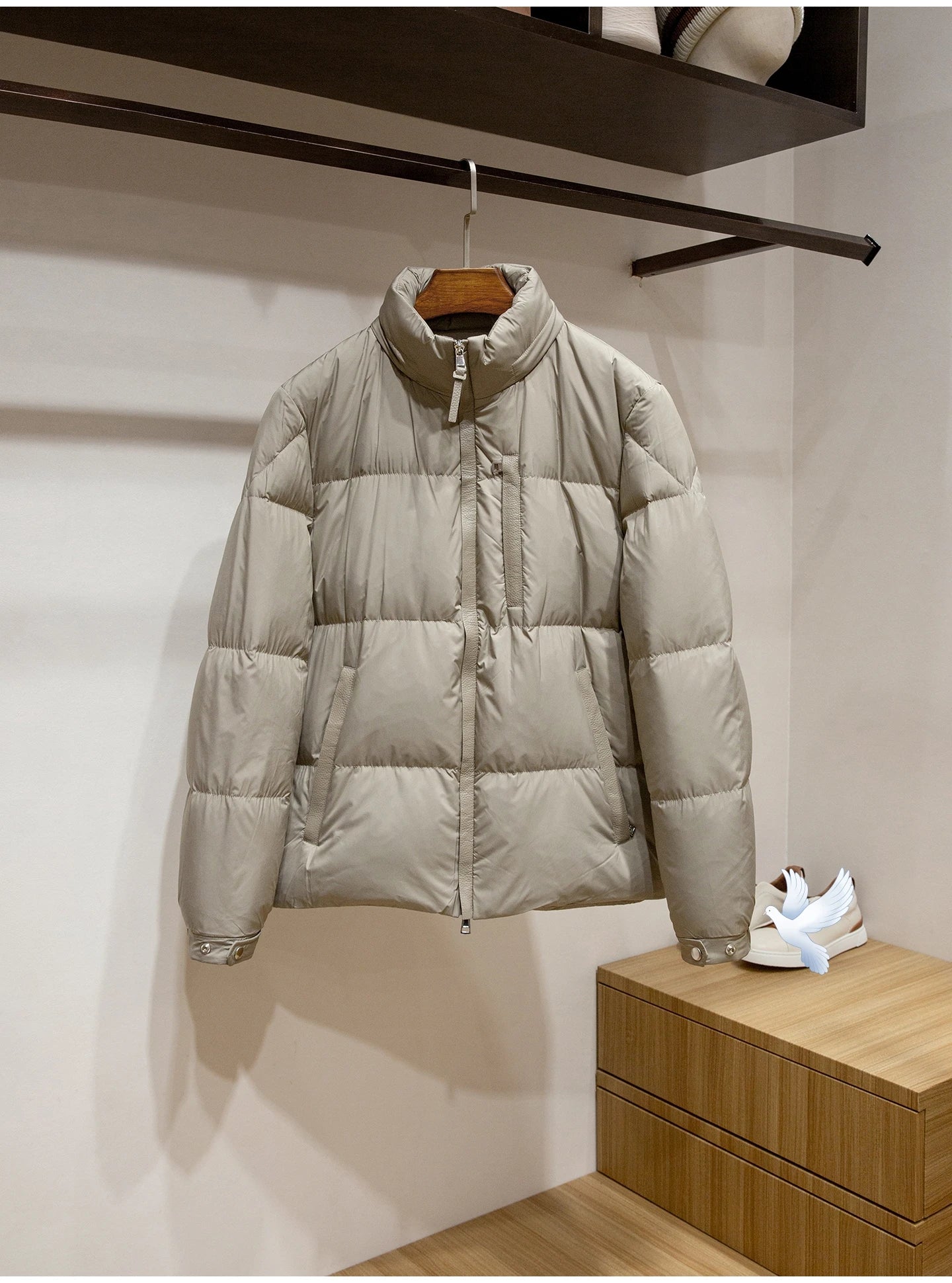 Men's High-Fluffy White Goose down Jacket Urban Outdoor Casual Hooded Stand-Up Collar Warm Filled Coat
