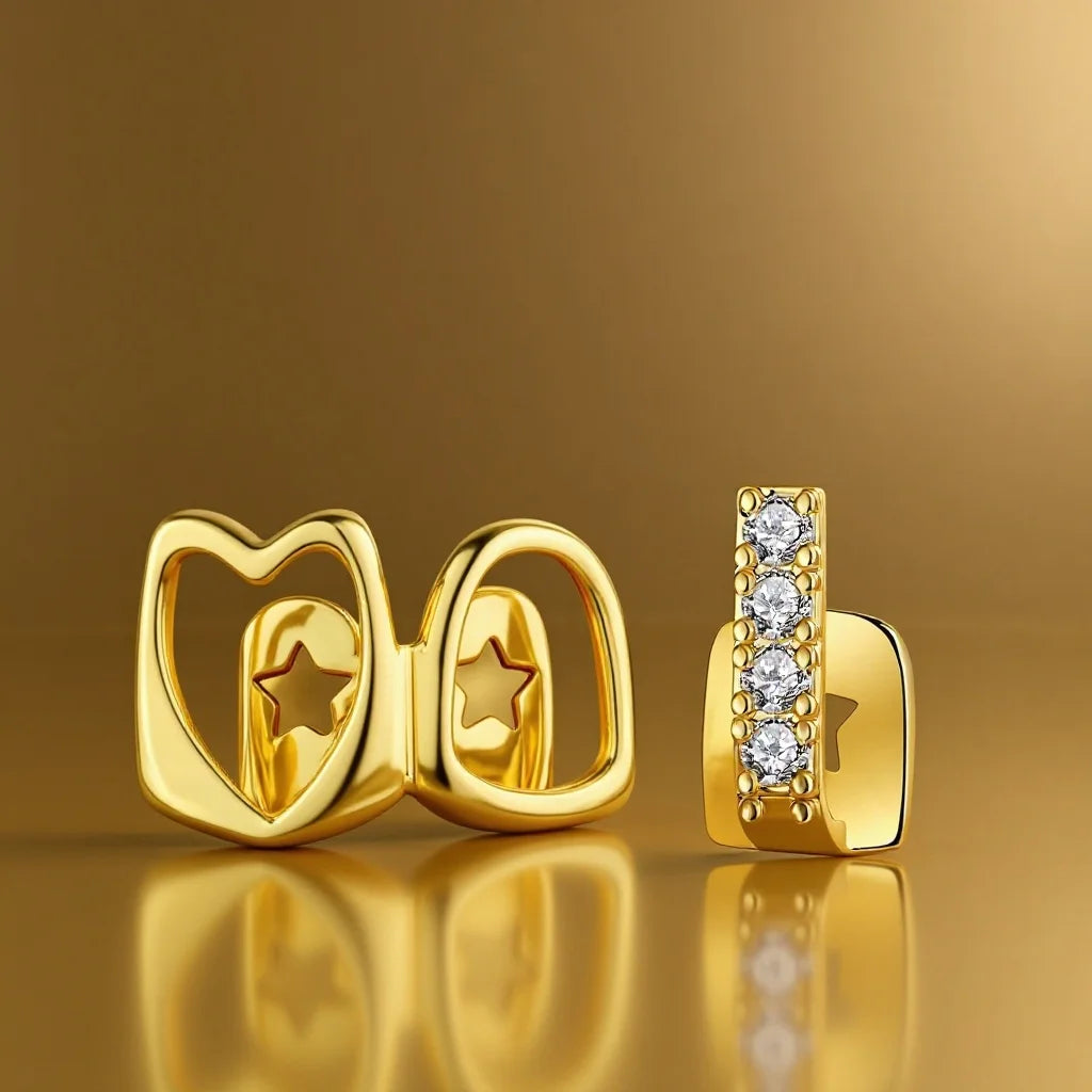 2pcs/Set Hip-Hop Hollow Out Heart Stick Diamond Double Tooth Set, Daily Street Fashion Cool Smooth Gold Teeth