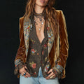 Elegant Velvet Blazer for Women Single Button Lapel Female Blazer Jacket Slim Fit Floral Pattern Outerwear Coat Autumn Winter