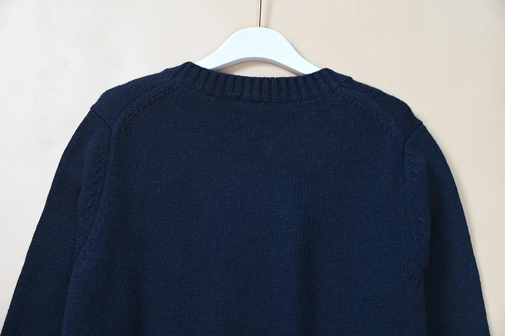 Autumn Winter Men's Knitted Sweater Heavy Embroidery Cartoon Pattern round Neck College Style Ageless Versatile Long Sleeve Top