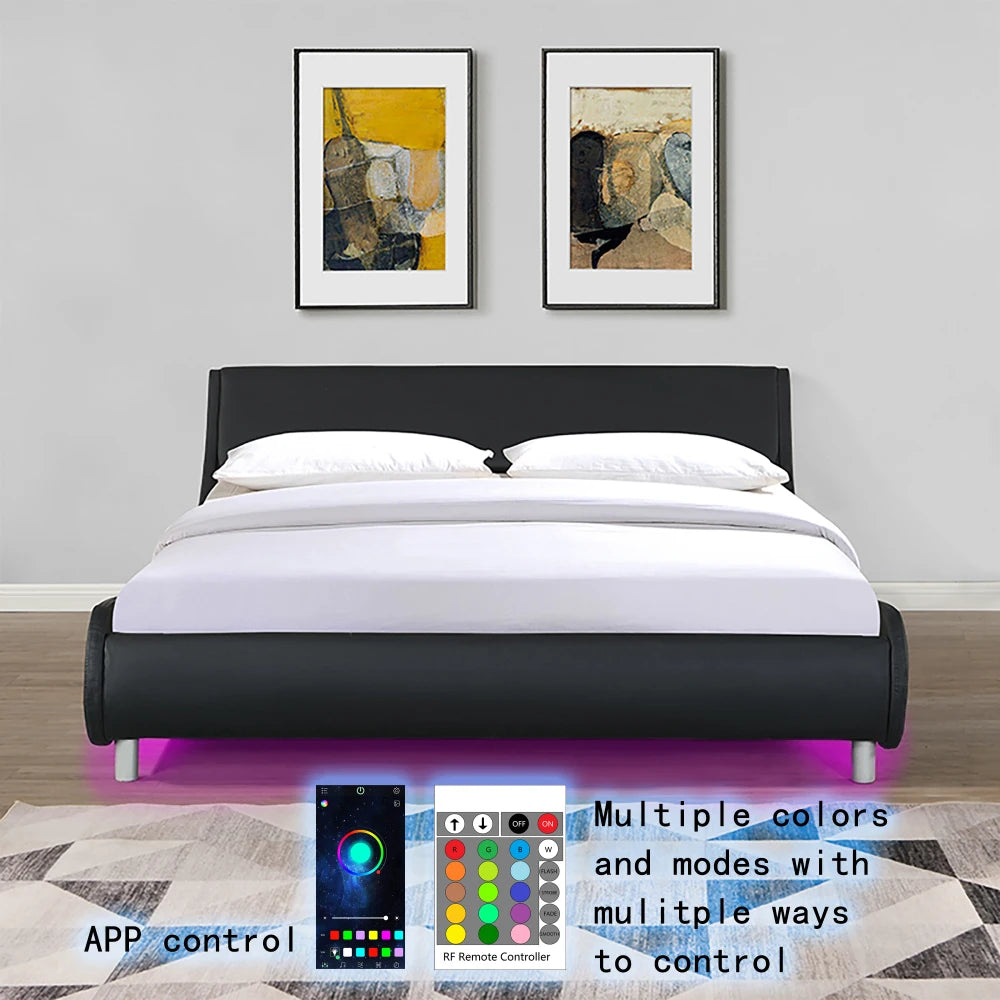Faux Leather Bed Frame: LED (Remote+APP), Curve, Wood Slat, No Box Spring, Queen Black