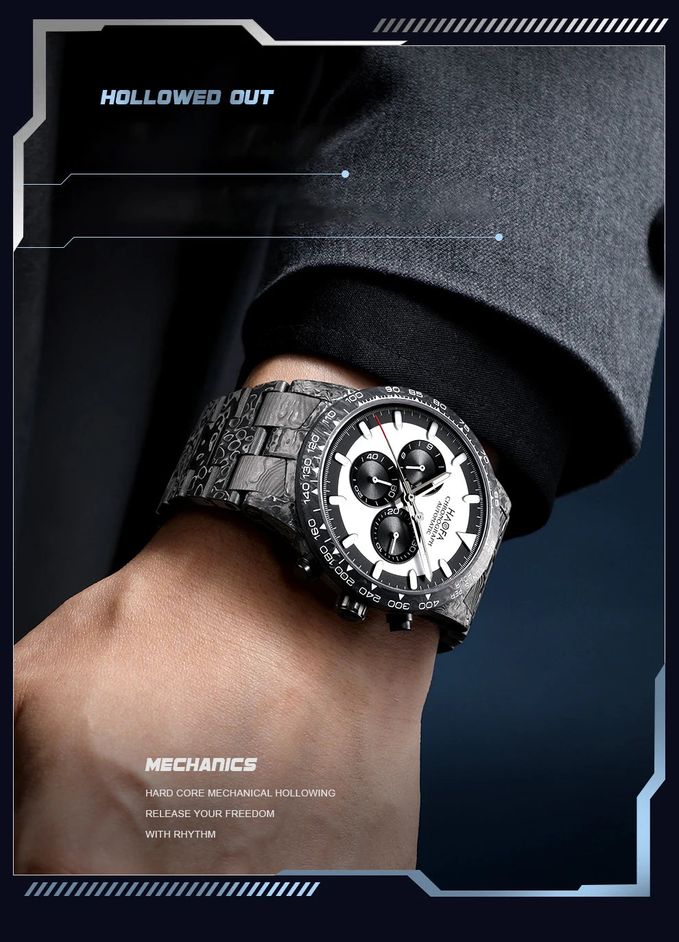 Haofa Watch for Men Full Carbon Fiber Chronograph Automatic Mechanical Watch Sapphire Waterproof Wristwatch Multifunction 2366-1