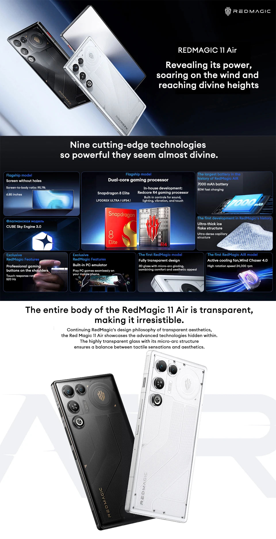 Global Version Redmagic 11 Air Snapdragon 8 Elite 6.85 1.5K Full Screen 2688*1216 144Hz 50MP Hurricane4.0 Active Cooling 7000mAh