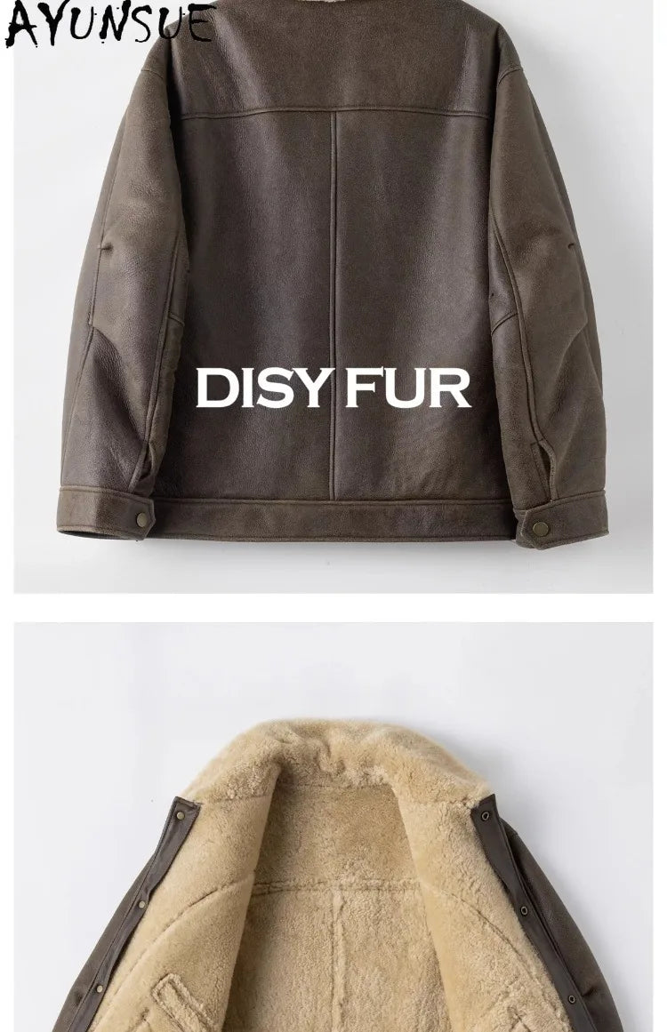 AYUNSUE Natural Sheepskin Fur Coat Men Autumn Winter New Short Real Wool Man Vintage Leather Jacket Motorcycle Fur Coats Jackets