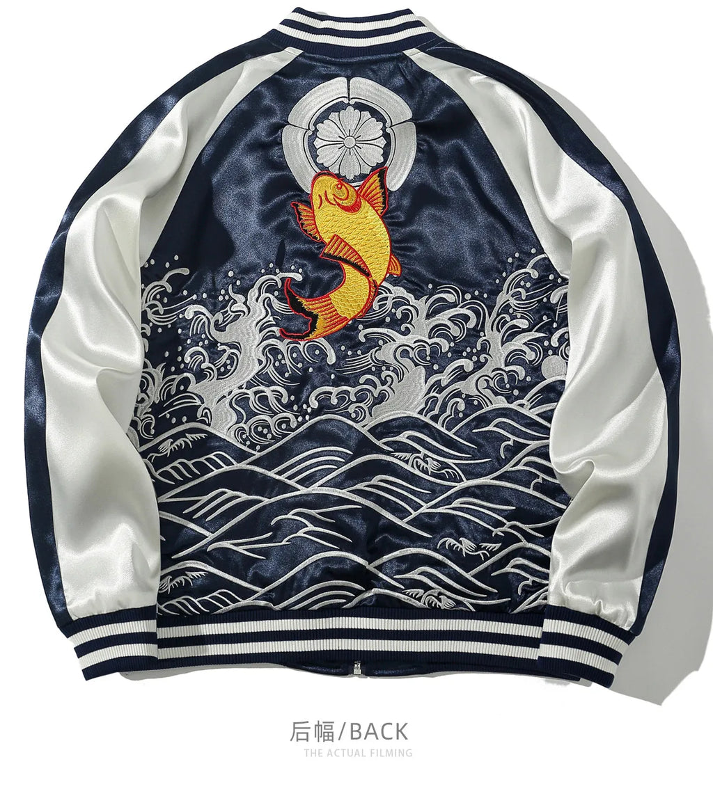 Japanese Sukajan Koi Fish Embroidered Satin Bomber Jacket Wave Print Varsity Jacket Men's and Women's Baseball Jackets