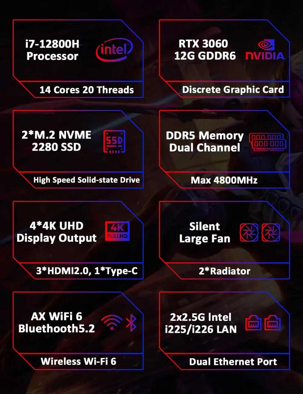 12th Gaming Mini PC Intel Core i9 12950HX i7 12650HX NVIDIA GeForce RTX 3060 12G  i7 13700H GDDR6 DDR5 NVME Windows11 Pro Wifi6