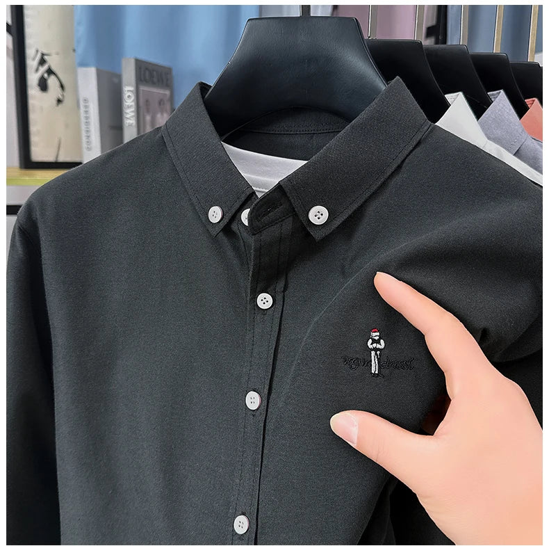 Light luxury fashion men's long sleeve shirt brand cartoon embroidery high-quality business casual solid color golf lapel top