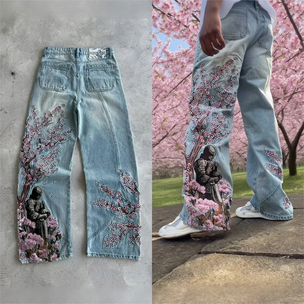 Vintage Cherry Blossom Black Knight Embroidery Jeans Y2k Retro Baggy Straight Denim Pants Blue Wash Jean Men Clothing Streetwear